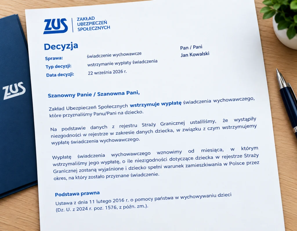 Decyzja ZUS o wstrzymaniu wypłaty 800+ na podstawie danych Straży Granicznej