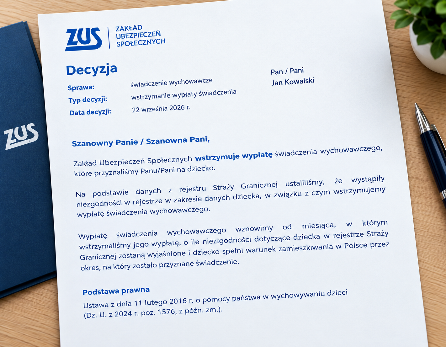 Decyzja ZUS o wstrzymaniu wypłaty 800+ na podstawie danych Straży Granicznej